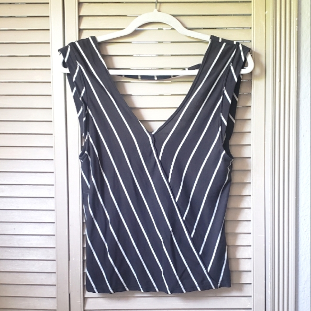 🌱 Free People Low Back Navy and White Striped Cap Sleeve Top
